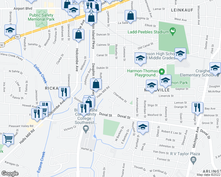 map of restaurants, bars, coffee shops, grocery stores, and more near 1010 Cherokee Street in Mobile