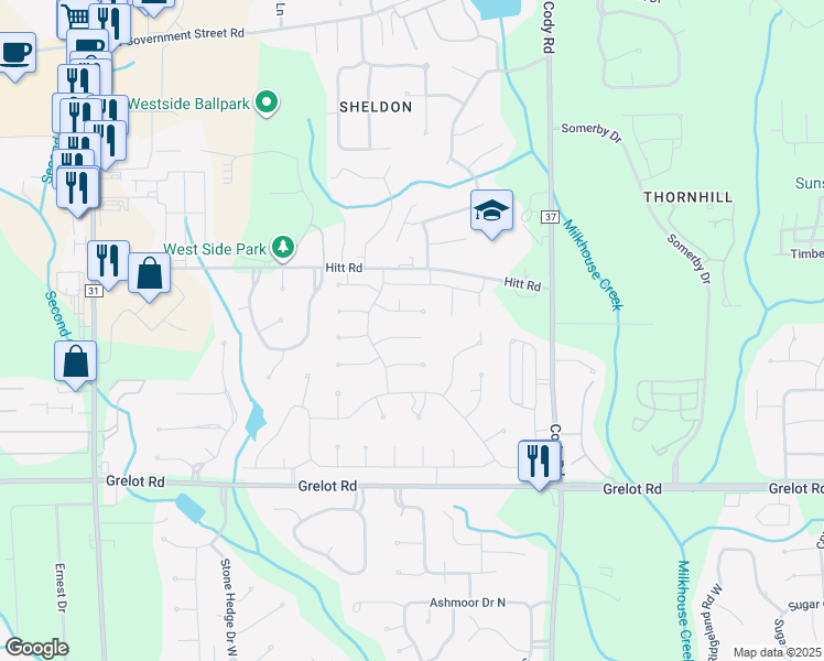 map of restaurants, bars, coffee shops, grocery stores, and more near 7343 Janita Drive in Mobile