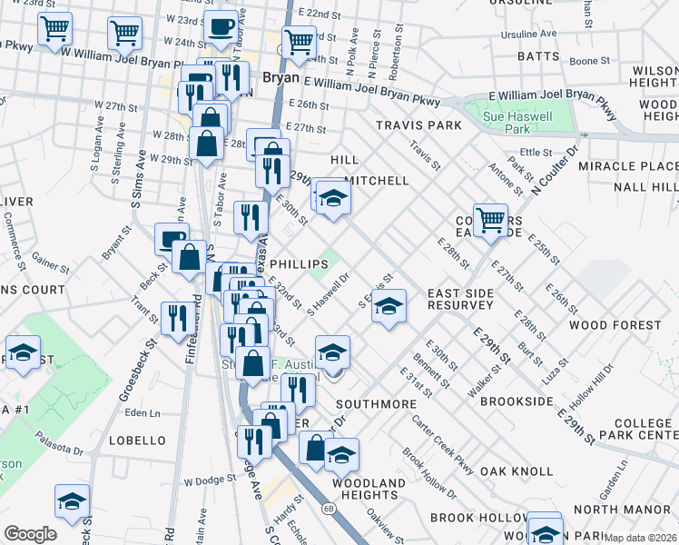 map of restaurants, bars, coffee shops, grocery stores, and more near 713 East 30th Street in Bryan