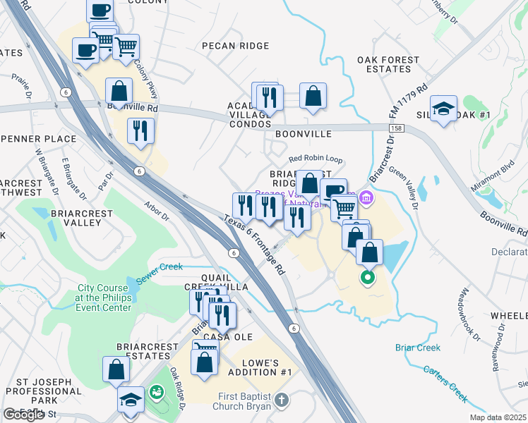 map of restaurants, bars, coffee shops, grocery stores, and more near 2901 Prairie Flower Circle in Bryan