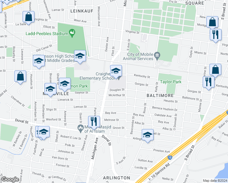 map of restaurants, bars, coffee shops, grocery stores, and more near 1357 Douglas Street in Mobile