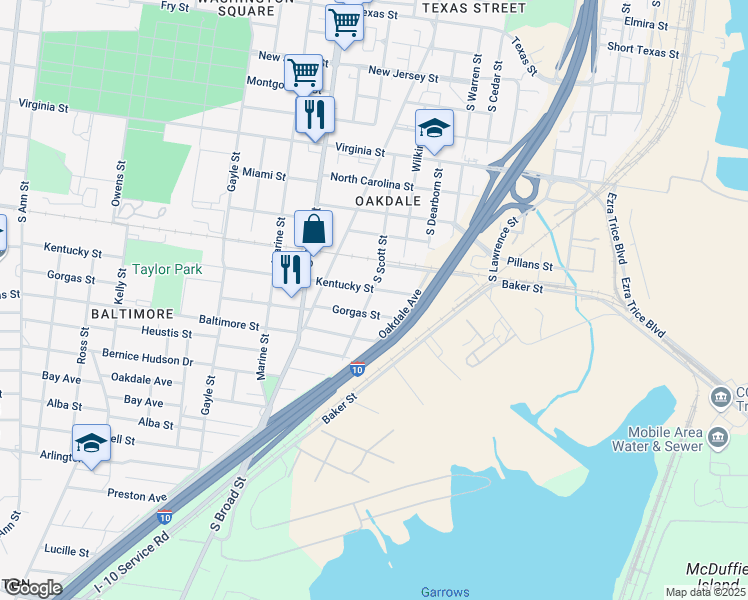 map of restaurants, bars, coffee shops, grocery stores, and more near 782 Gorgas Street in Mobile