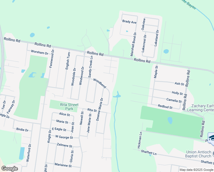 map of restaurants, bars, coffee shops, grocery stores, and more near 6199 Woodbend Avenue in Zachary