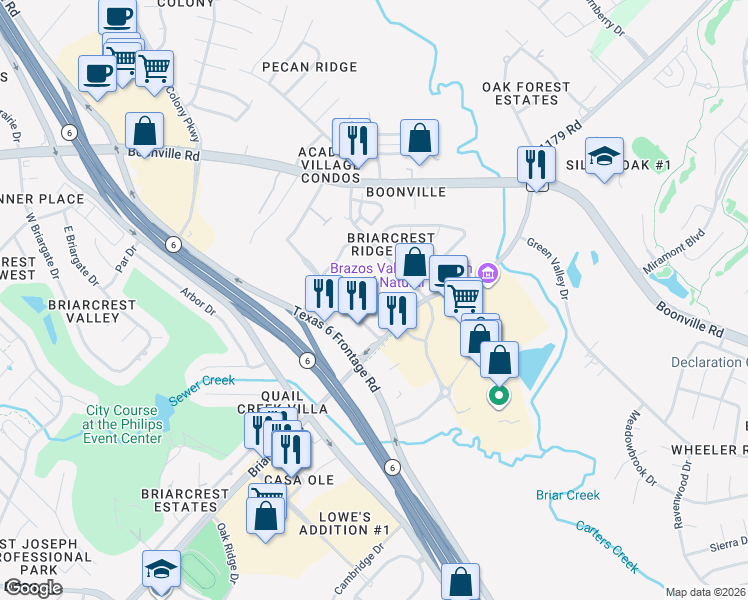 map of restaurants, bars, coffee shops, grocery stores, and more near 3131 Briarcrest Drive in Bryan