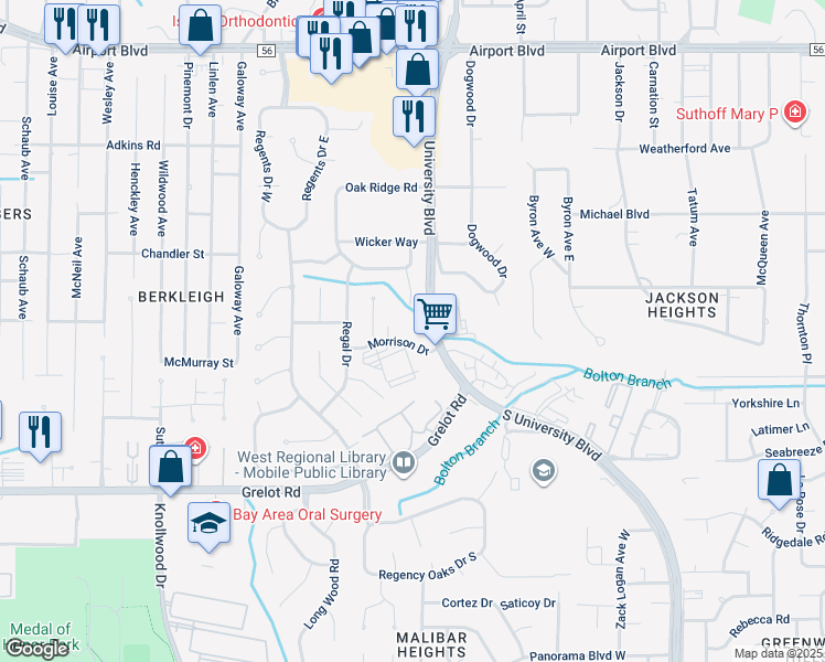 map of restaurants, bars, coffee shops, grocery stores, and more near 4720 Morrison Drive in Mobile
