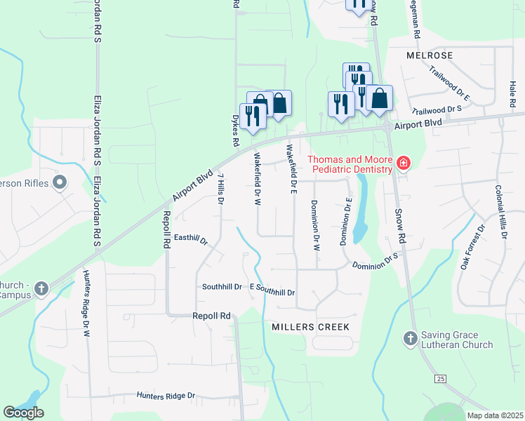 map of restaurants, bars, coffee shops, grocery stores, and more near 1172 Wakefield Court South in Mobile