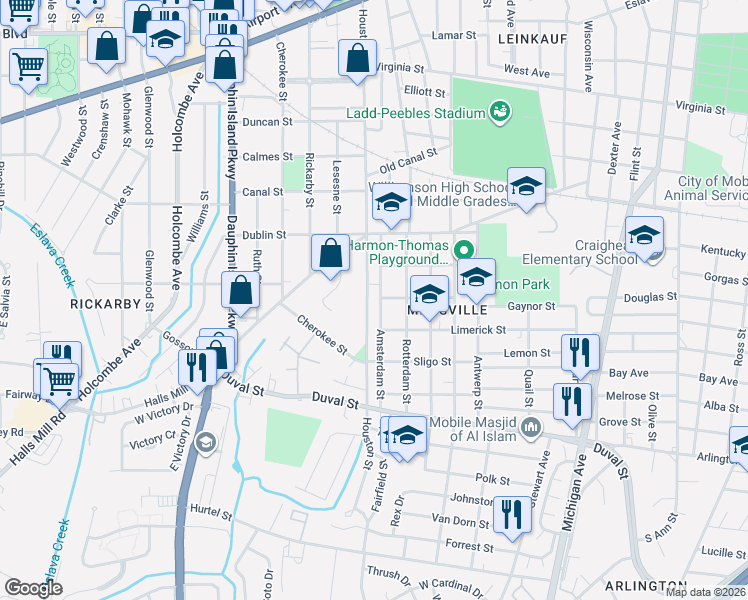 map of restaurants, bars, coffee shops, grocery stores, and more near 1108 Houston Street in Mobile