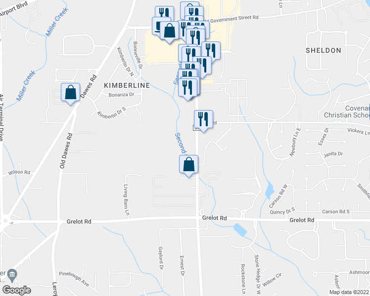 map of restaurants, bars, coffee shops, grocery stores, and more near 1110 Schillinger Road South in Mobile