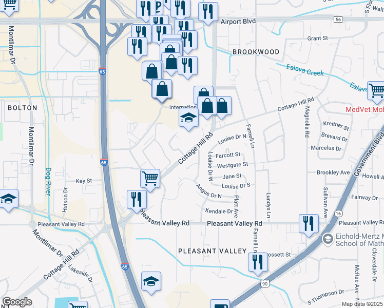 map of restaurants, bars, coffee shops, grocery stores, and more near 3105 Cottage Hill Road in Mobile