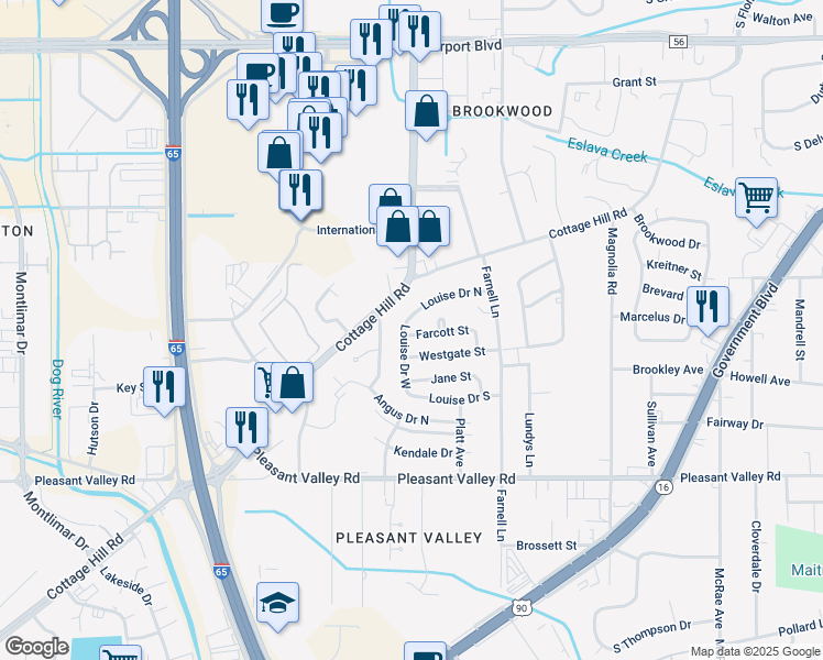 map of restaurants, bars, coffee shops, grocery stores, and more near 3060 Farcott Street in Mobile