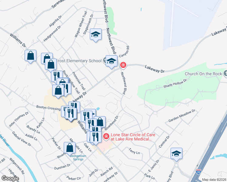 map of restaurants, bars, coffee shops, grocery stores, and more near 3008 Whisper Oaks Lane in Georgetown