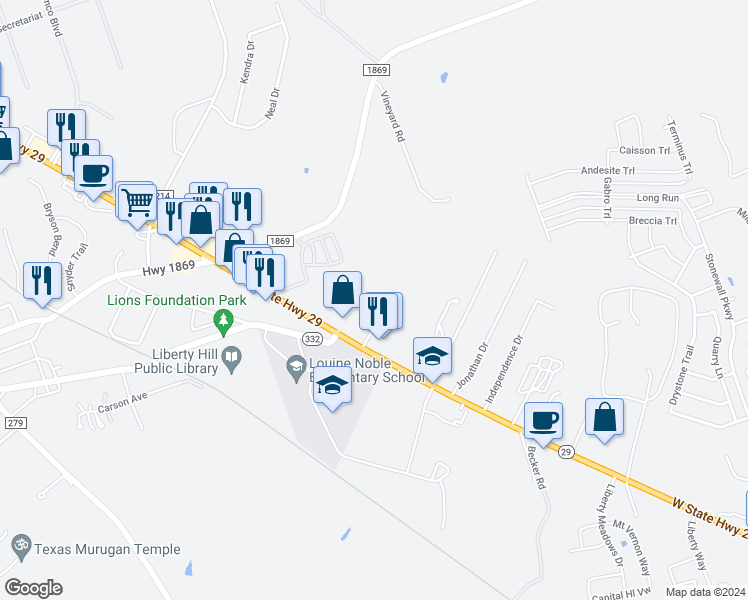 map of restaurants, bars, coffee shops, grocery stores, and more near 118A Bailey Lane in Liberty Hill