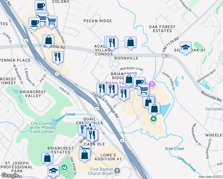 map of restaurants, bars, coffee shops, grocery stores, and more near 2903 Prairie Flower Circle in Bryan