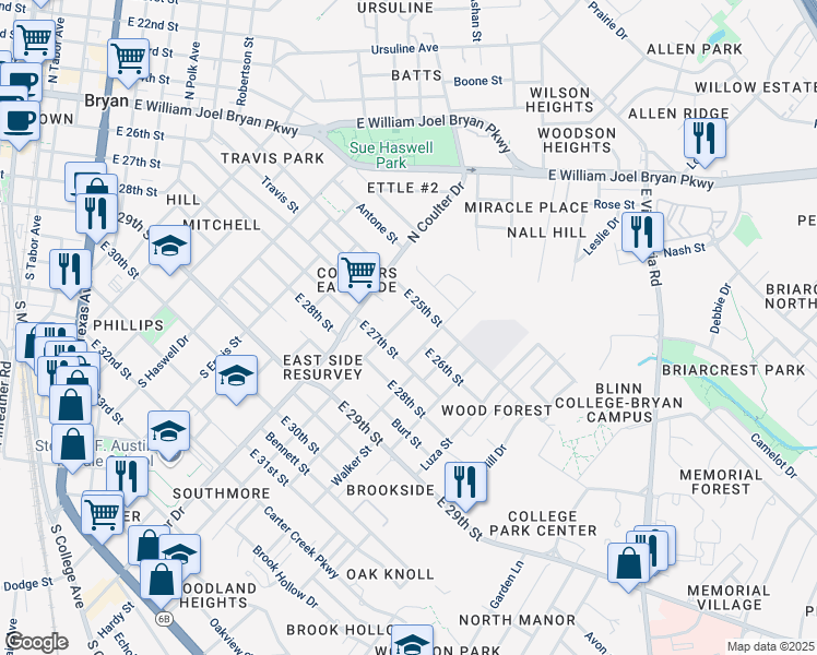 map of restaurants, bars, coffee shops, grocery stores, and more near 1404 East 27th Street in Bryan