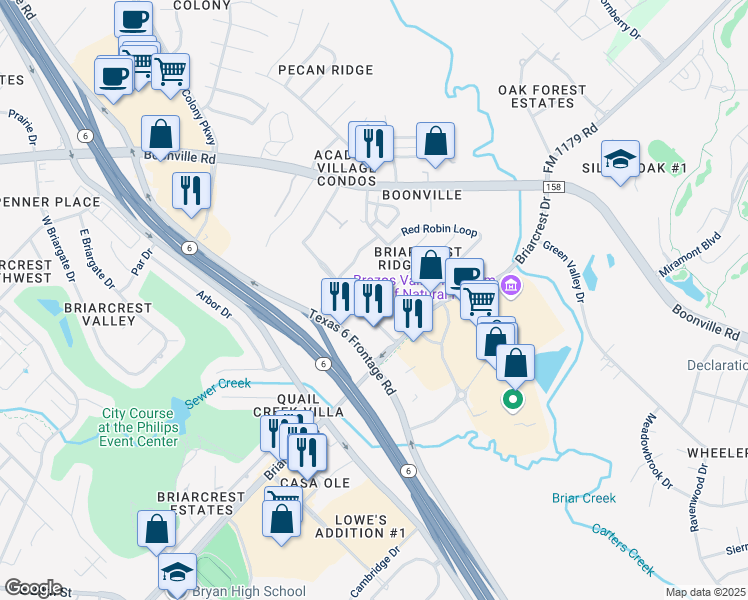 map of restaurants, bars, coffee shops, grocery stores, and more near 608 North Earl Rudder Freeway in Bryan