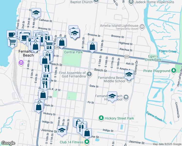 map of restaurants, bars, coffee shops, grocery stores, and more near 302 South 14th Street in Fernandina Beach