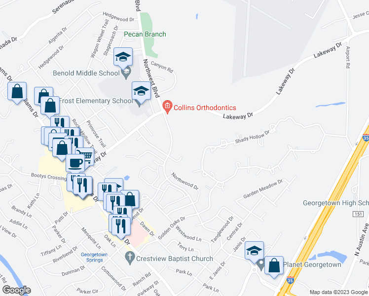 map of restaurants, bars, coffee shops, grocery stores, and more near 2909 Whisper Oaks Lane in Georgetown