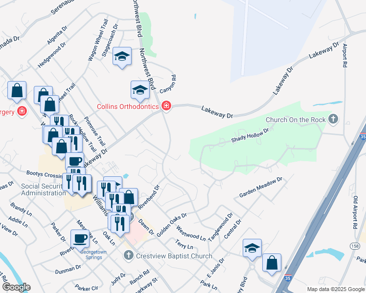 map of restaurants, bars, coffee shops, grocery stores, and more near 2909 Whisper Oaks Lane in Georgetown