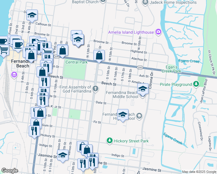 map of restaurants, bars, coffee shops, grocery stores, and more near 210 South 15th Street in Fernandina Beach
