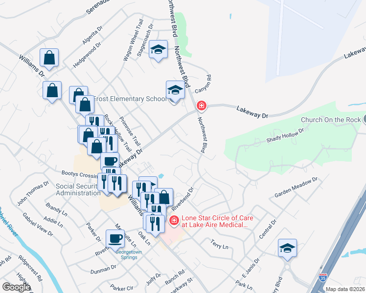 map of restaurants, bars, coffee shops, grocery stores, and more near 3008 Whisper Oaks Lane in Georgetown