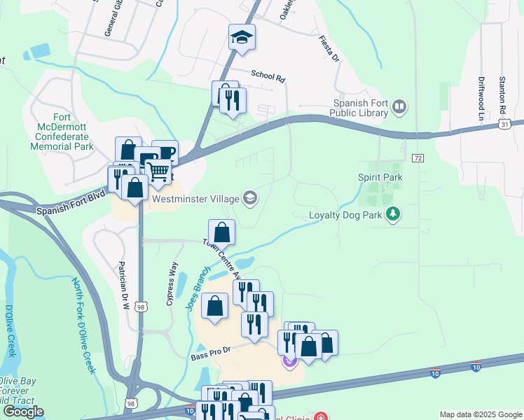 map of restaurants, bars, coffee shops, grocery stores, and more near Westminister Way in Spanish Fort