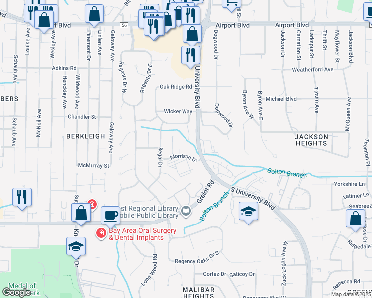 map of restaurants, bars, coffee shops, grocery stores, and more near 4720 Morrison Drive in Mobile