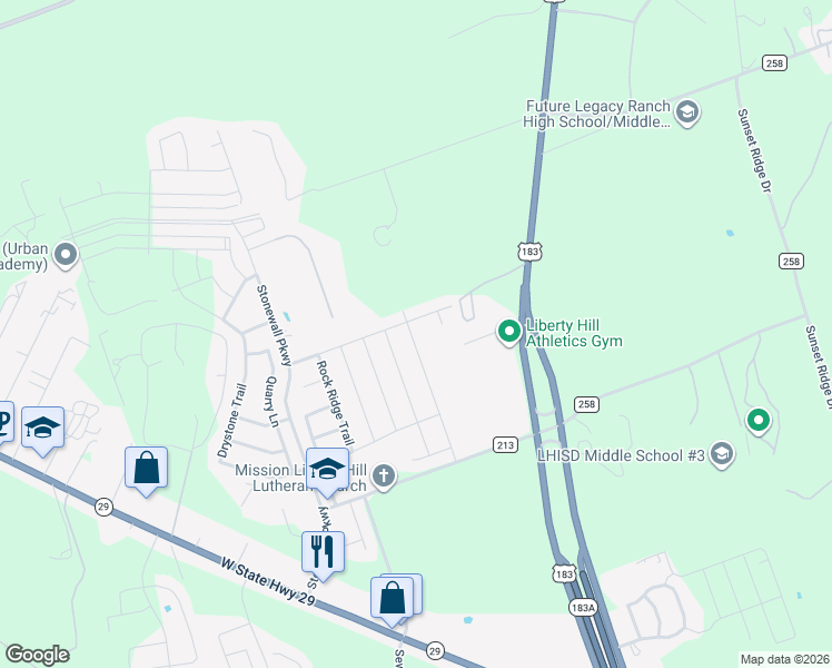 map of restaurants, bars, coffee shops, grocery stores, and more near 705 Limestone Road in Liberty Hill