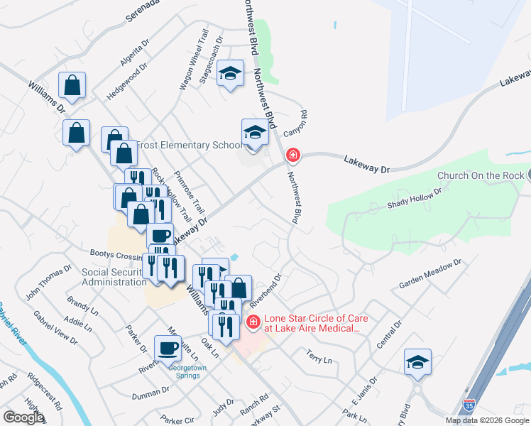 map of restaurants, bars, coffee shops, grocery stores, and more near 3012 Whisper Oaks Lane in Georgetown