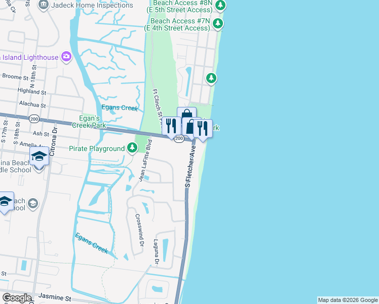 map of restaurants, bars, coffee shops, grocery stores, and more near 2 South Fletcher Avenue in Fernandina Beach