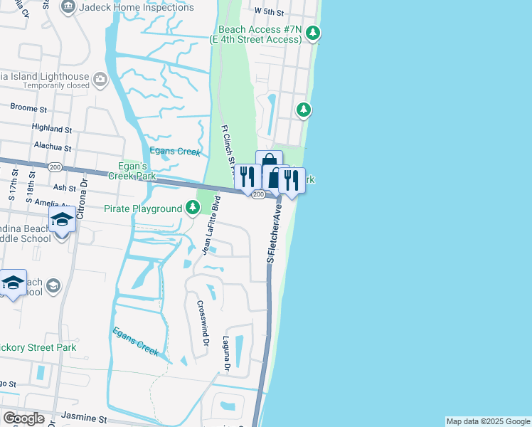 map of restaurants, bars, coffee shops, grocery stores, and more near 2 South Fletcher Avenue in Fernandina Beach