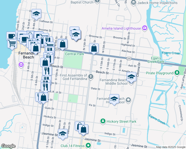 map of restaurants, bars, coffee shops, grocery stores, and more near 1405 Beech Street in Fernandina Beach