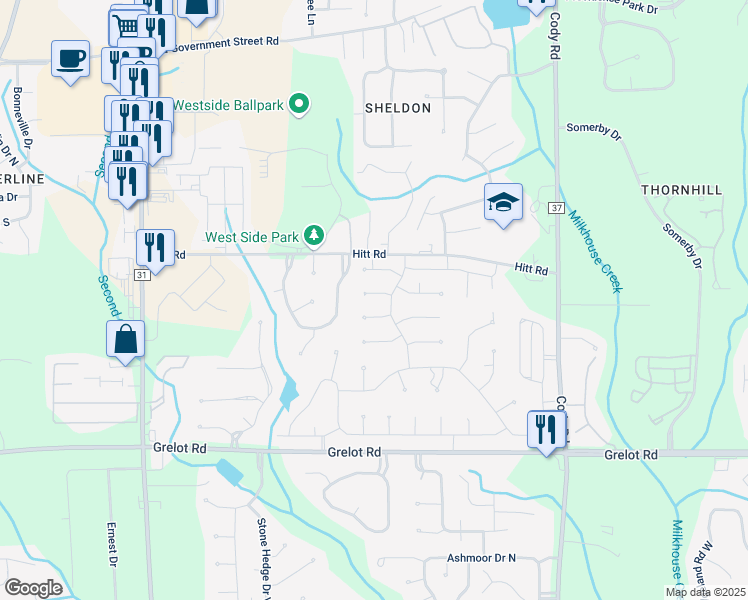map of restaurants, bars, coffee shops, grocery stores, and more near 7400 Johnson Court in Mobile
