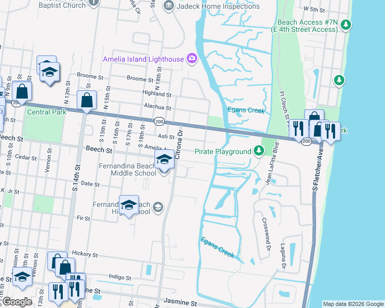 map of restaurants, bars, coffee shops, grocery stores, and more near 2110 Belvedere Avenue in Fernandina Beach