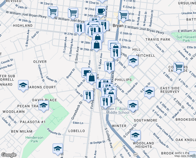 map of restaurants, bars, coffee shops, grocery stores, and more near 698 S Main St in Bryan