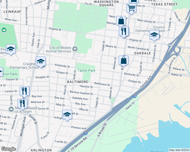 map of restaurants, bars, coffee shops, grocery stores, and more near 1010 Baltimore Street in Mobile