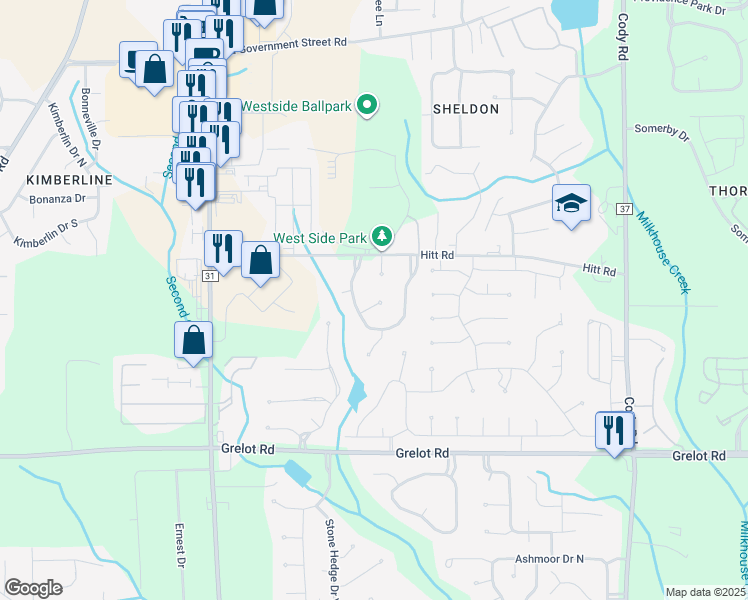 map of restaurants, bars, coffee shops, grocery stores, and more near 7540 Wadsworth Court in Mobile