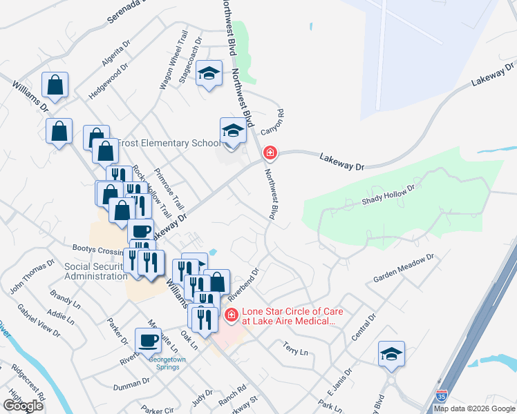 map of restaurants, bars, coffee shops, grocery stores, and more near 3005 Whisper Oaks Lane in Georgetown