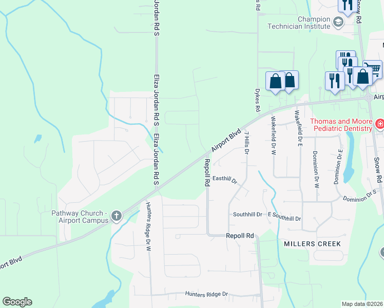 map of restaurants, bars, coffee shops, grocery stores, and more near 10400 Easthill Drive in Mobile