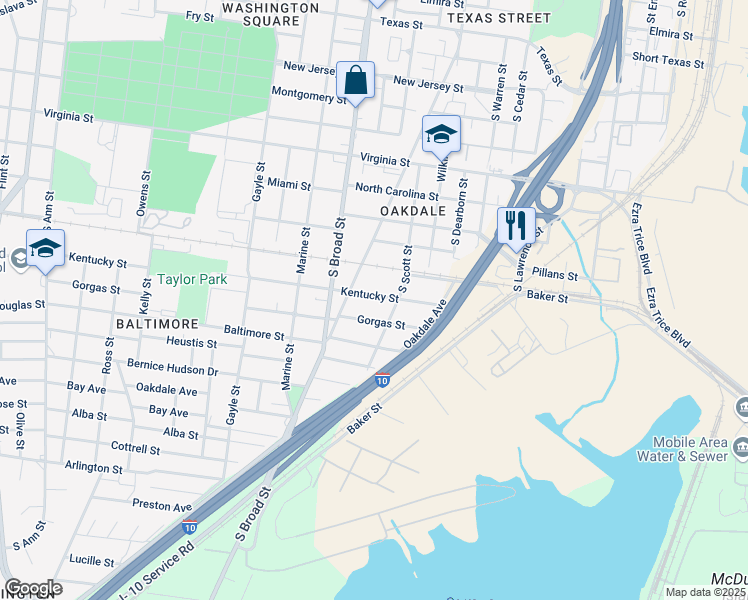 map of restaurants, bars, coffee shops, grocery stores, and more near 809 Kentucky Street in Mobile