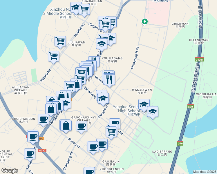 map of restaurants, bars, coffee shops, grocery stores, and more near Gao Xin Jie in Wu Han Shi