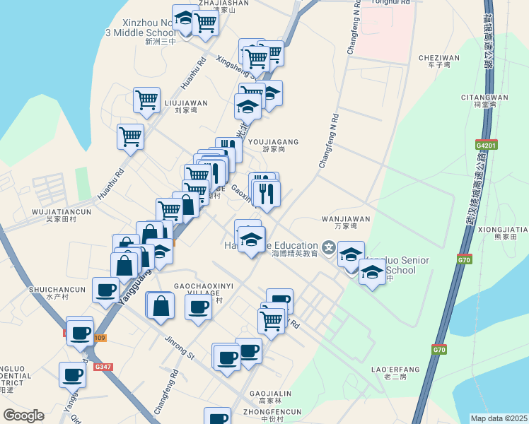 map of restaurants, bars, coffee shops, grocery stores, and more near Gao Xin Jie in Wu Han Shi