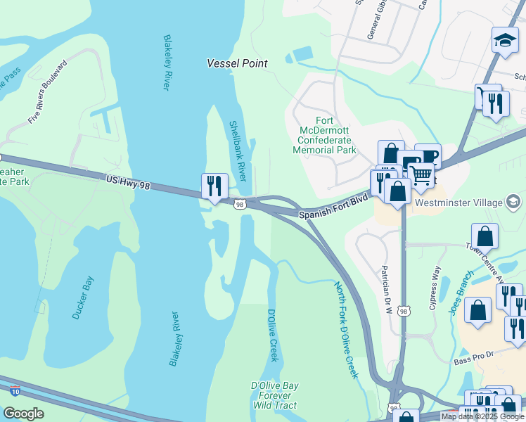 map of restaurants, bars, coffee shops, grocery stores, and more near 500 Spanish Fort Boulevard in Spanish Fort