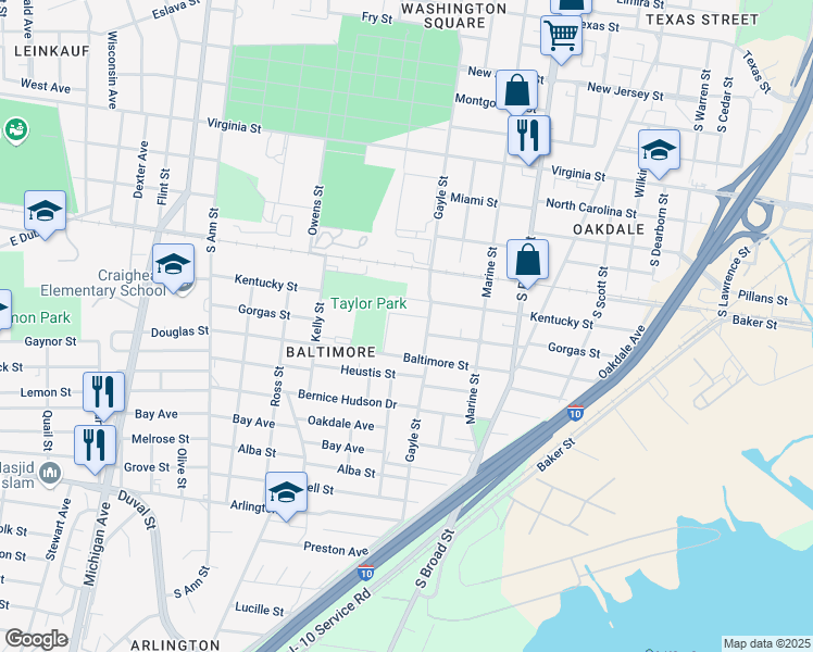 map of restaurants, bars, coffee shops, grocery stores, and more near 1010 Baltimore Street in Mobile