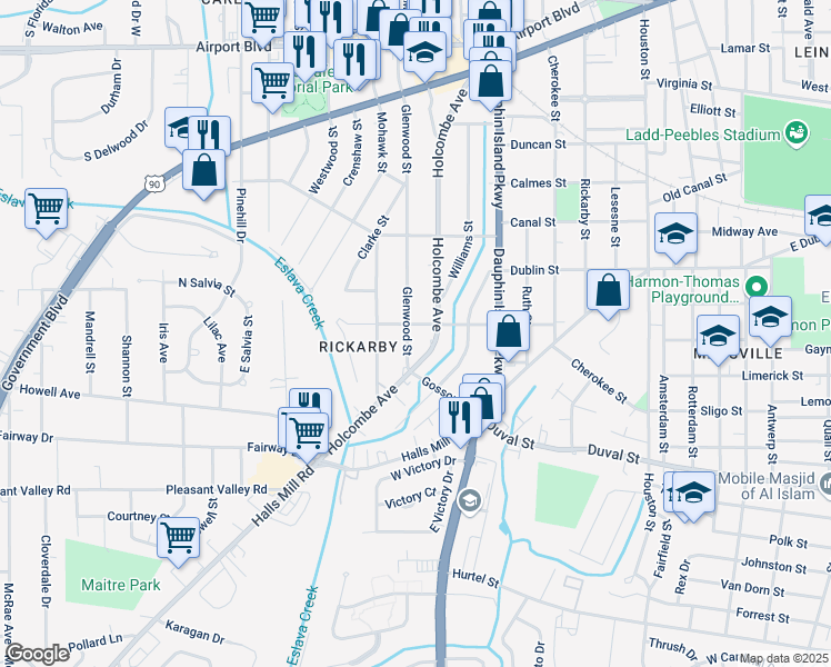 map of restaurants, bars, coffee shops, grocery stores, and more near 635b Glenwood Street in Mobile
