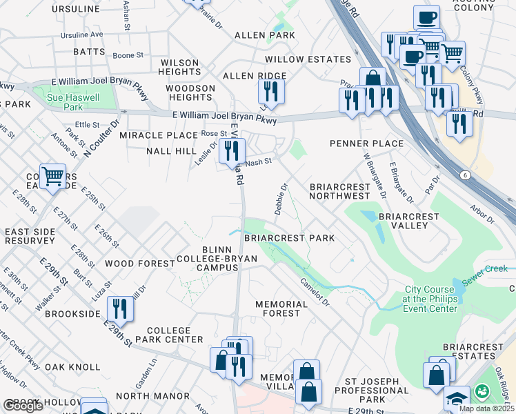 map of restaurants, bars, coffee shops, grocery stores, and more near 2539 East Villa Maria Road in Bryan