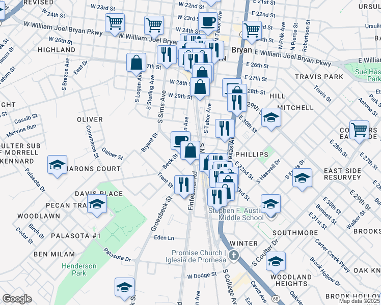 map of restaurants, bars, coffee shops, grocery stores, and more near 708 South Bryan Avenue in Bryan