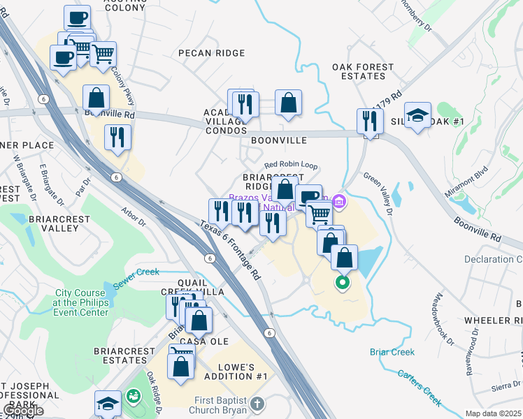map of restaurants, bars, coffee shops, grocery stores, and more near 2915 Prairie Flower Circle in Bryan
