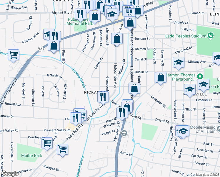 map of restaurants, bars, coffee shops, grocery stores, and more near 635b Glenwood Street in Mobile