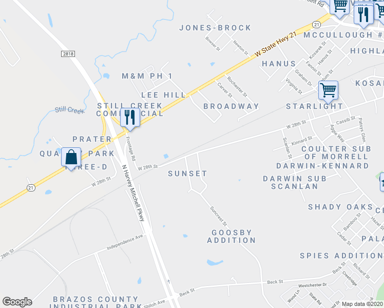 map of restaurants, bars, coffee shops, grocery stores, and more near 2600 West 28th Street in Bryan