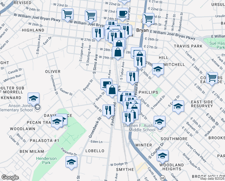 map of restaurants, bars, coffee shops, grocery stores, and more near 708 South Bryan Avenue in Bryan